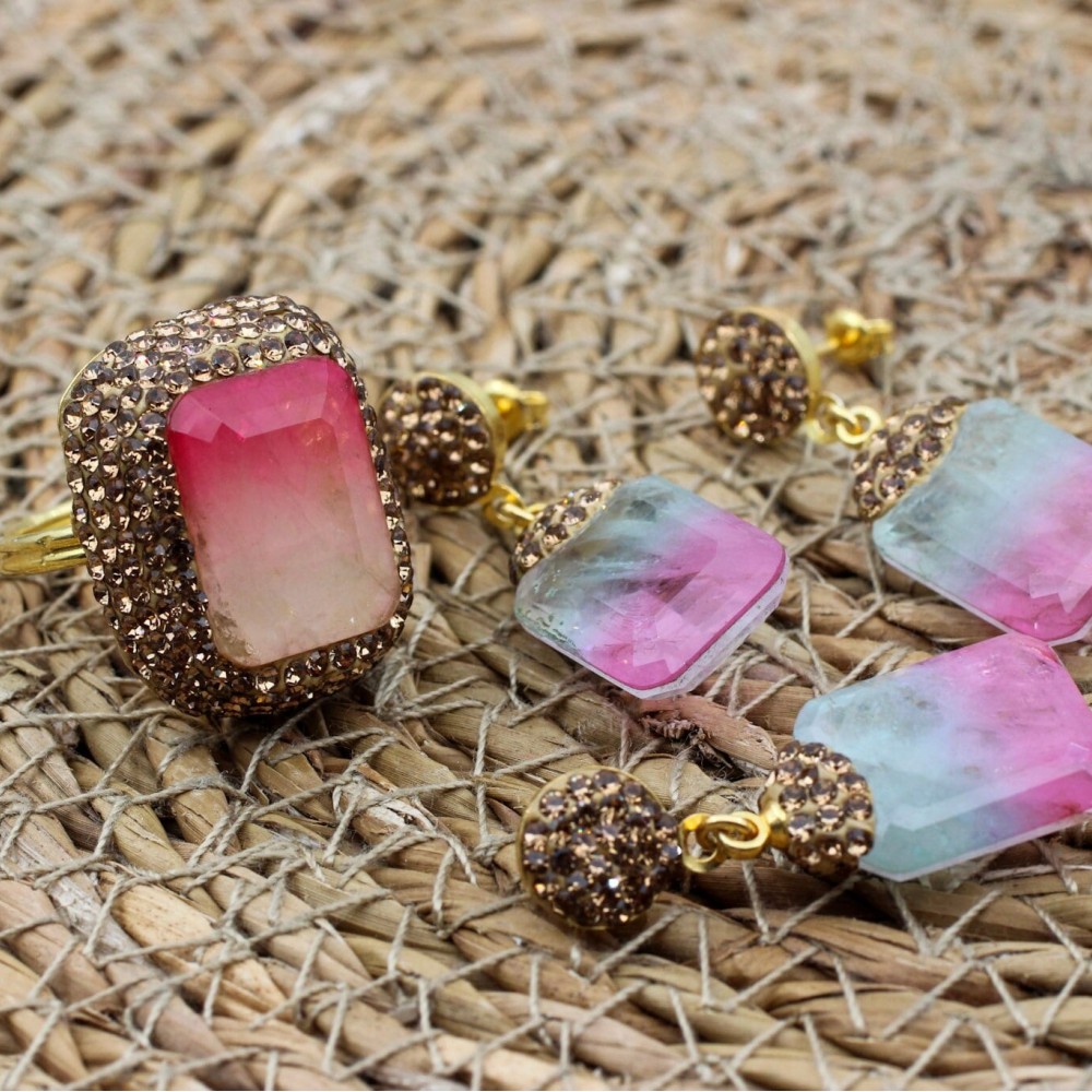 Tourmaline Set, Authentic Set, Handmade Women Set, Turkish Handmade, Ladies Jewelry, Ring, Earring, Pendant, Ladies Set, 925 Sterling Silver