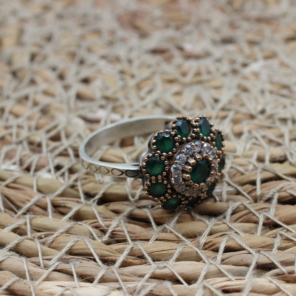 Emerald Ladies Set, Authentic Set, Handmade Set Women, Turkish Handmade Ladies Set, Ring, Earring, Pendant, Ladies Set, 925k Sterling Silver