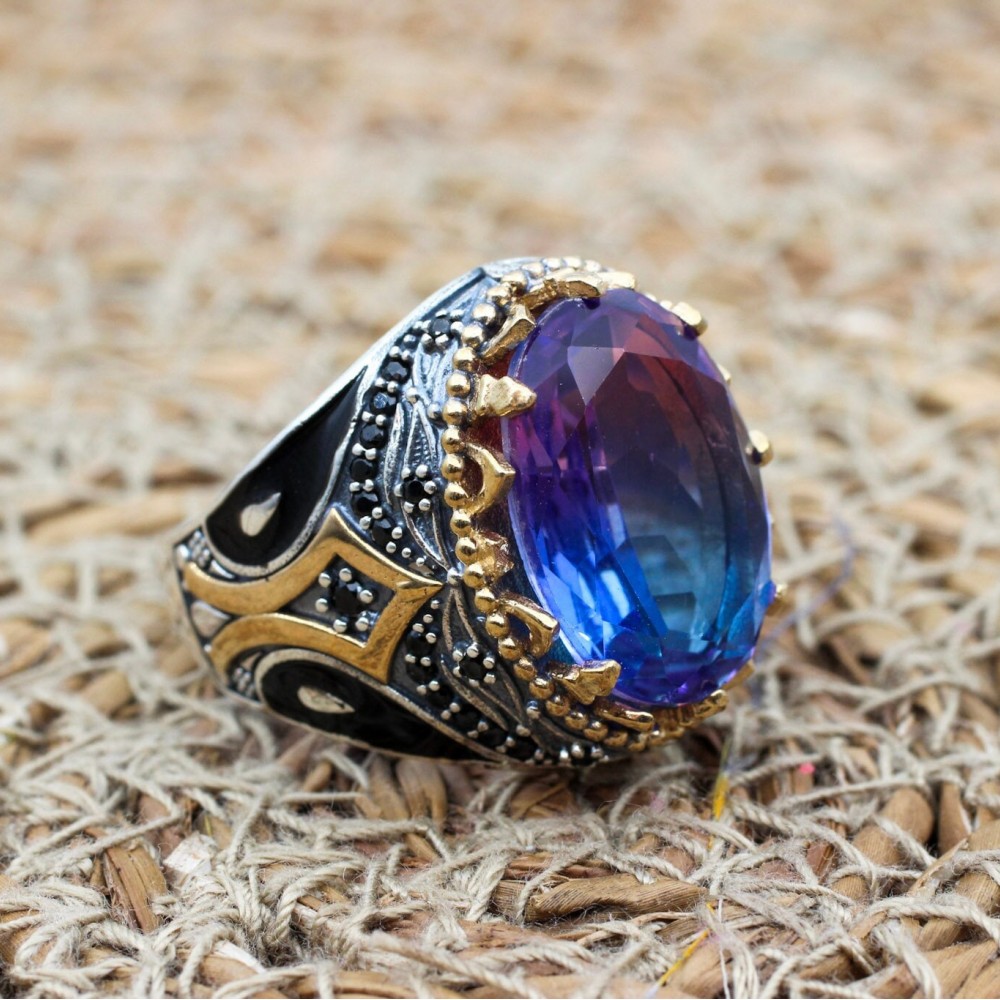 Men's Handmade Ring, Turkish Handmade Men's Ring, Ottoman Men's Ring, Tourmaline Men's Ring, Mens Ring, Gift for Him, 925k Sterling Silver