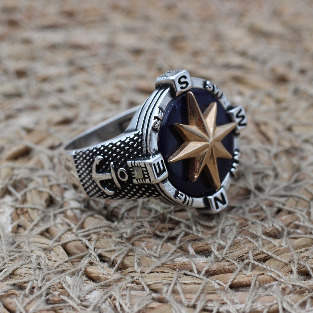 Turkish Handmade Ring, Compass Ring, Men's Handmade Ring, Anchor Ring, Agate Men Ring, Mens Jewelry, Gift for Him, 925k Sterling Silver Ring