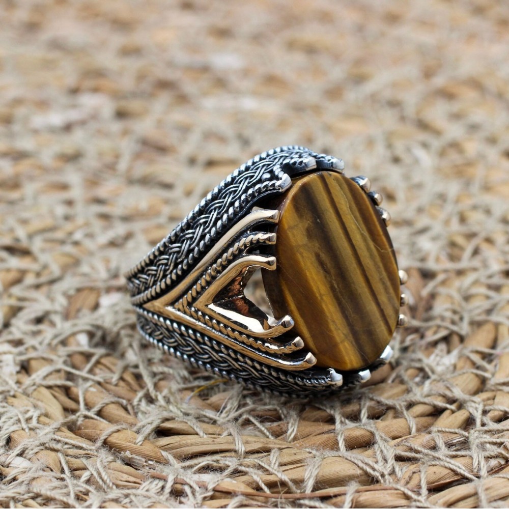 Tiger Eye Men's Ring, Ottoman Men's Ring, Handmade Men's Ring, Turkish Handmade Men's Ring, Men's Jewelry, Gift for Him, 925 Sterling Silver