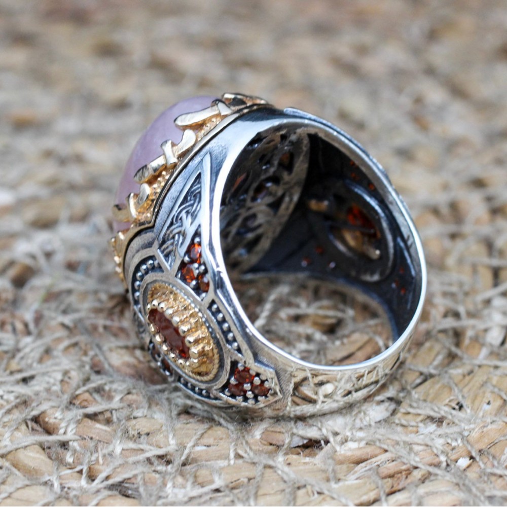 Handmade Mens Ring, Turkish Handmade Silver Men Ring, Ottoman Men Ring, Rose Quartz Ring, Men's Jewelry, Gift for Him, 925k Sterling Silver,