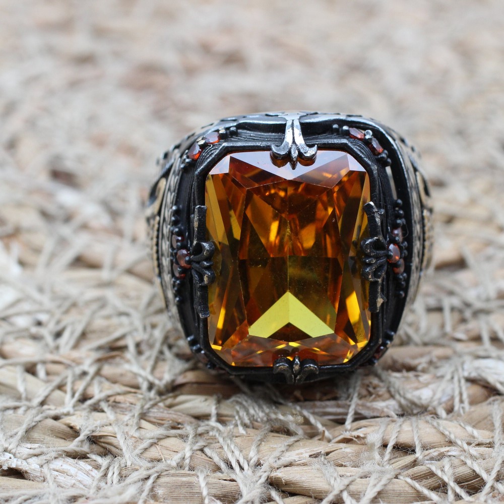 Citrine Men's Ring, Handmade Men's Ring, Turkish Handmade Ring, Ottoman Men's Ring, Men's Jewelry, Gift for Him, 925k Sterling Silver Ring