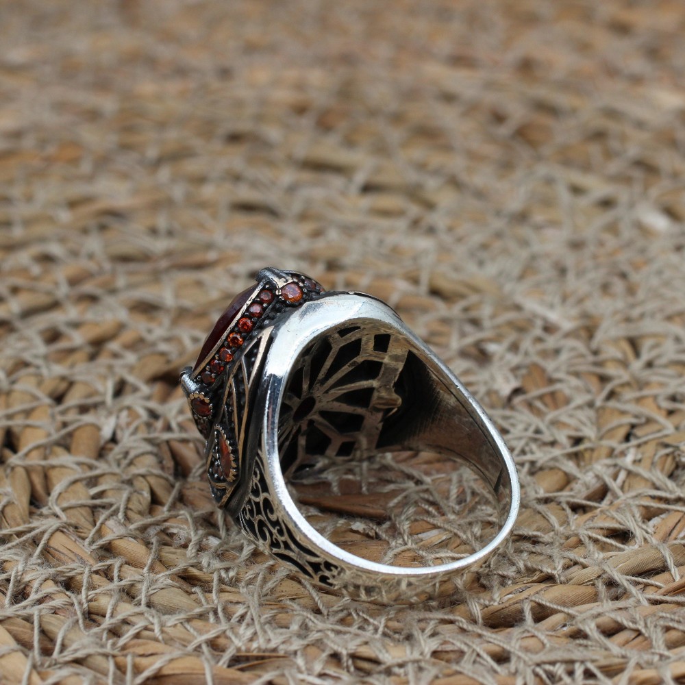 Mens Handmade Ring, Turkish Handmade Silver Men Ring, Ottoman Men Ring, Ruby Ring, Men's Jewelry, Gift for Him, 925k Sterling Silver Ring
