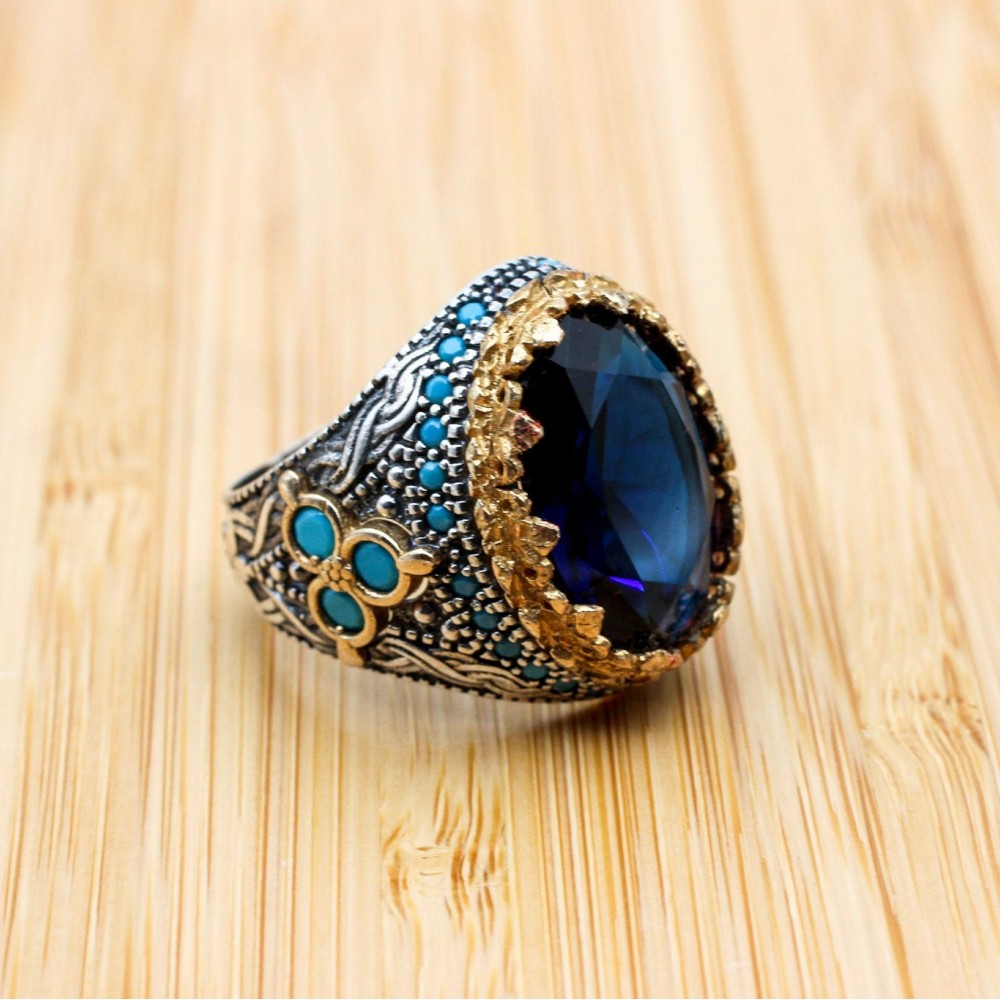 Sapphire Men's Ring, Turkish Handmade Silver Men's Ring, Mens Handmade Ring, Ottoman Ring, Men's Jewelry, Gift for Him, 925k Sterling Silver