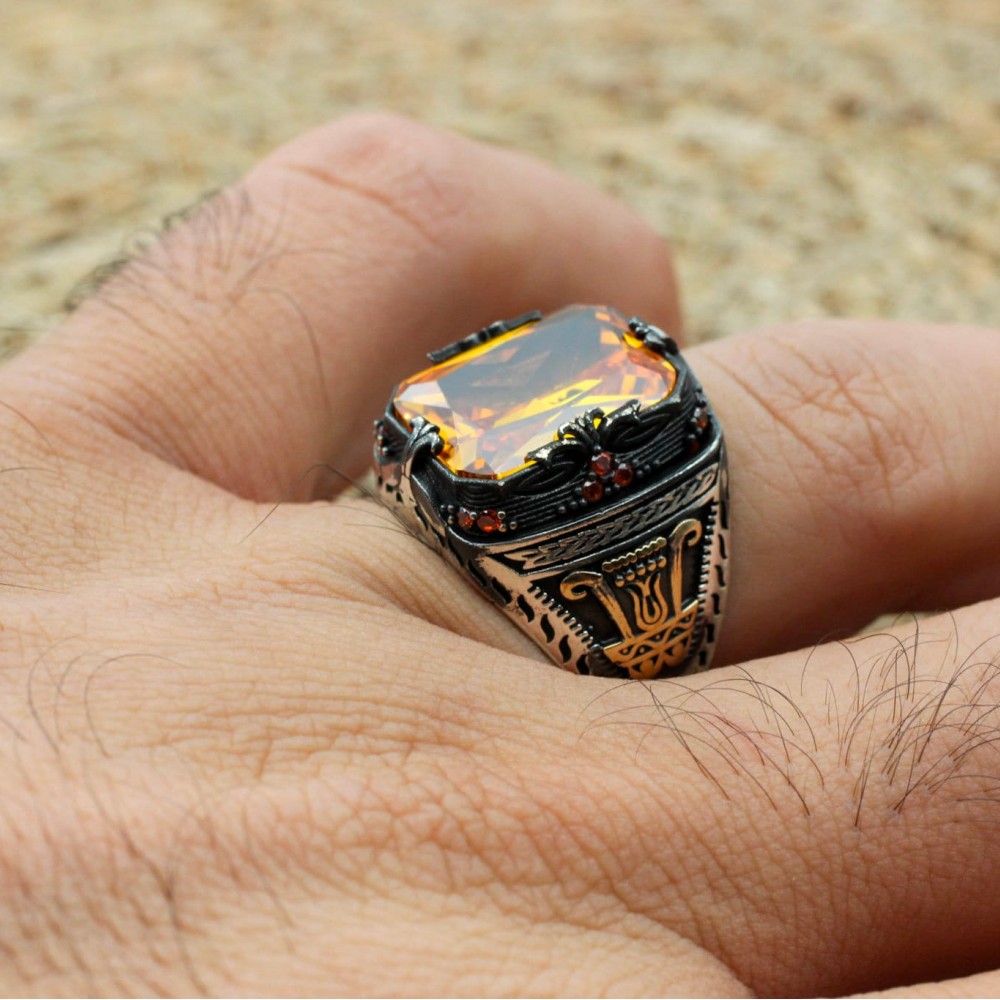 Citrine Men's Ring, Handmade Men's Ring, Turkish Handmade Ring, Ottoman Men's Ring, Men's Jewelry, Gift for Him, 925k Sterling Silver Ring
