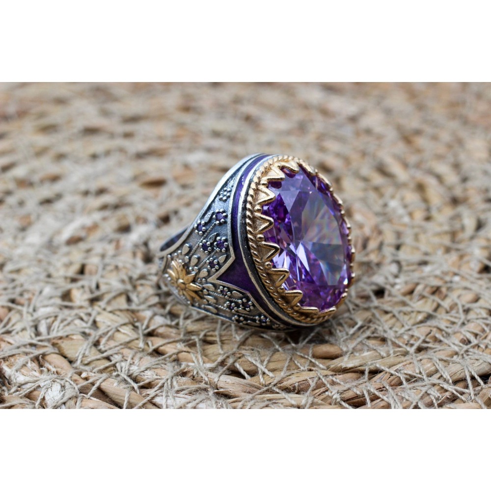 Amethyst Men's Ring, Mens Handmade Ring, Turkish Handmade Silver Men Ring, Ottoman Men Ring, Men Jewelry, Gift for Him, 925k Sterling Silver