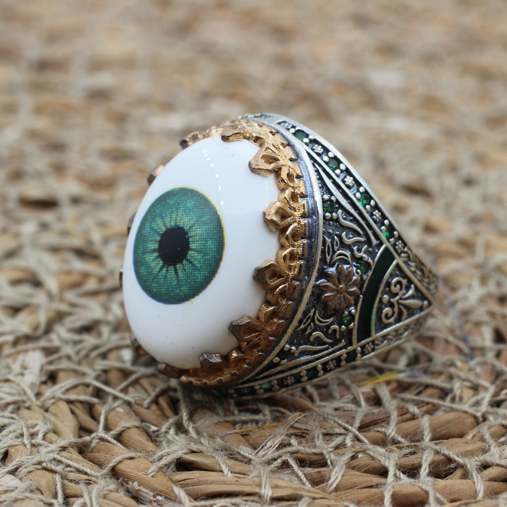 Evil Eye Men's Ring, Emerald Ring, Handmade Ring, Turkish Handmade Silver Men Ring, Men's Jewelry, Gift for Him, 925k Sterling Silver Ring Evil Eye Men's Ring, Emerald Ring, Handmade Ring, Turkish Handmade Silver Men Ring, Men's Jewelry, Gift for Him, 925k Sterling Silver Ring