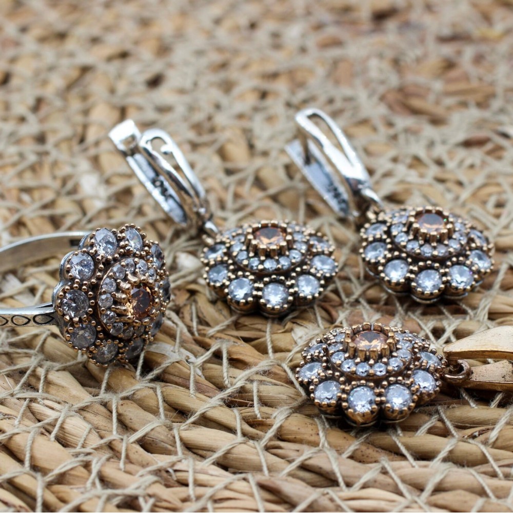 Topaz Ladies Set, Handmade Set Women, Turkish Handmade Ladies Set, Ottoman Set, Ring, Earring, Pendant, Ladies Set, 925 Sterling Silver