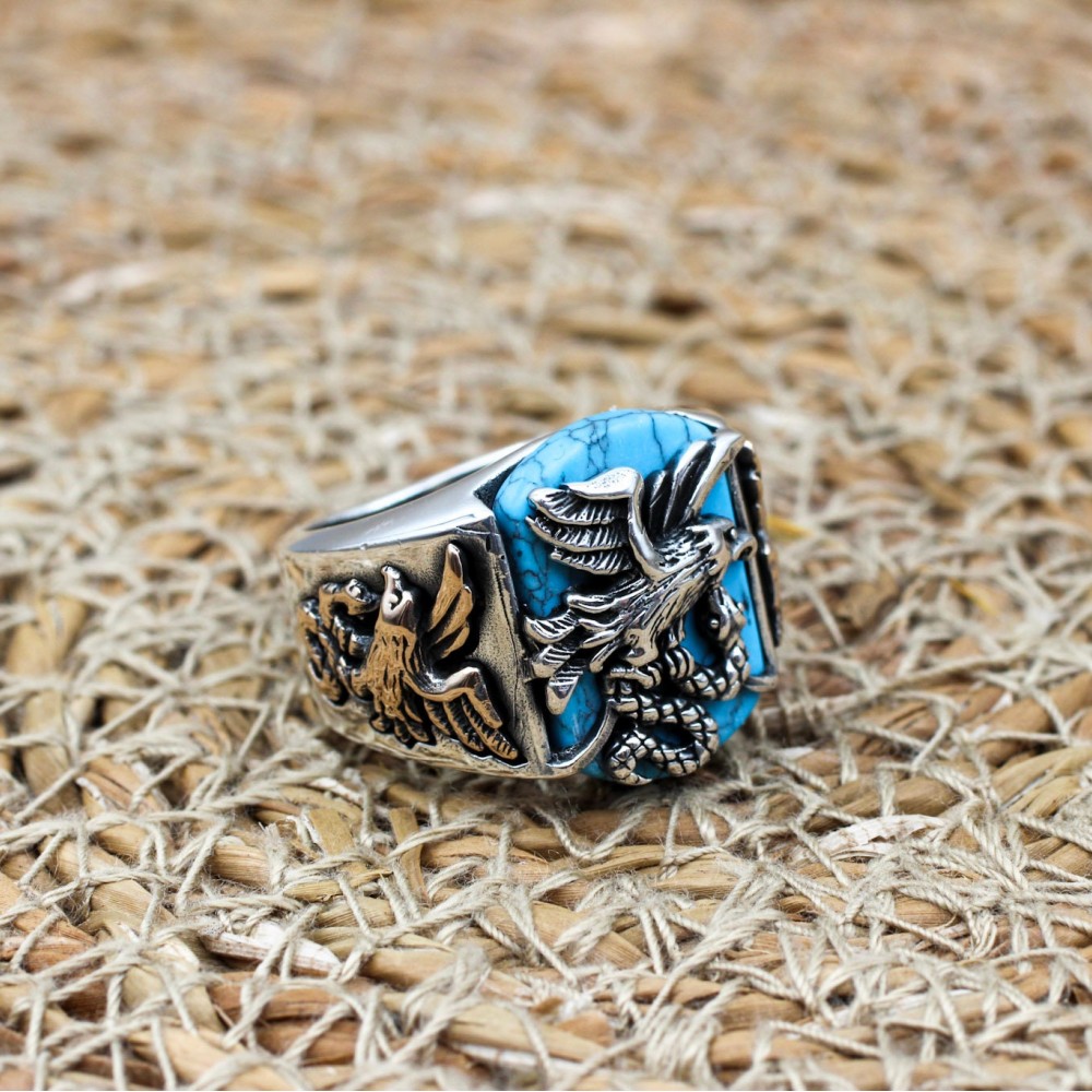 Turquoise Men's Ring, Eagle Men's Ring, Handmade Men's Ring, Turkish Handmade Men's Ring, Men's Jewelry, Gift for Him, 925 Sterling Silver