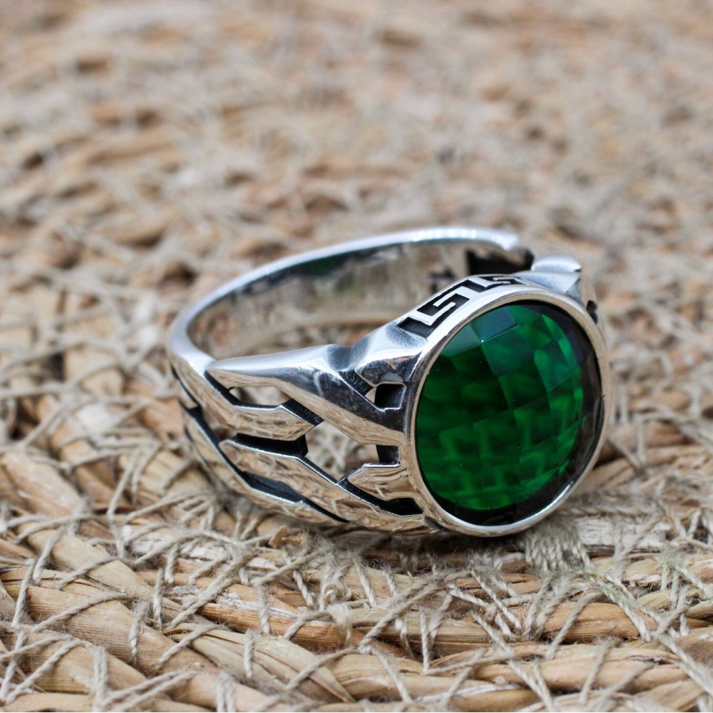 Emerald Men's Ring, Ottoman Men's Ring, Handmade Men's Ring, Turkish Handmade Men's Ring, Men's Jewelry, Gift for Him, 925 Sterling Silver