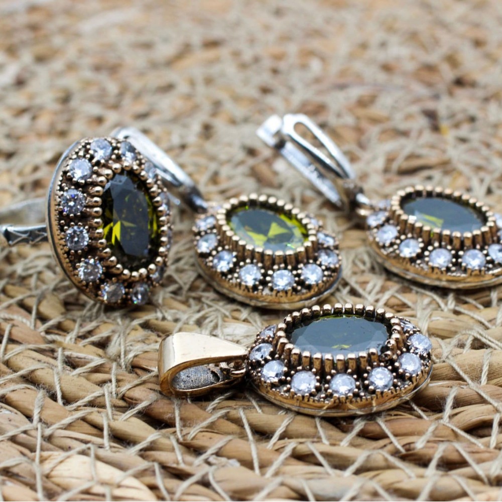 Peridot Set, Authentic Set, Handmade Set Women, Turkish Handmade, Ladies Jewelry Set, Earring, Pendant, Ladies Set, 925k Sterling Silver