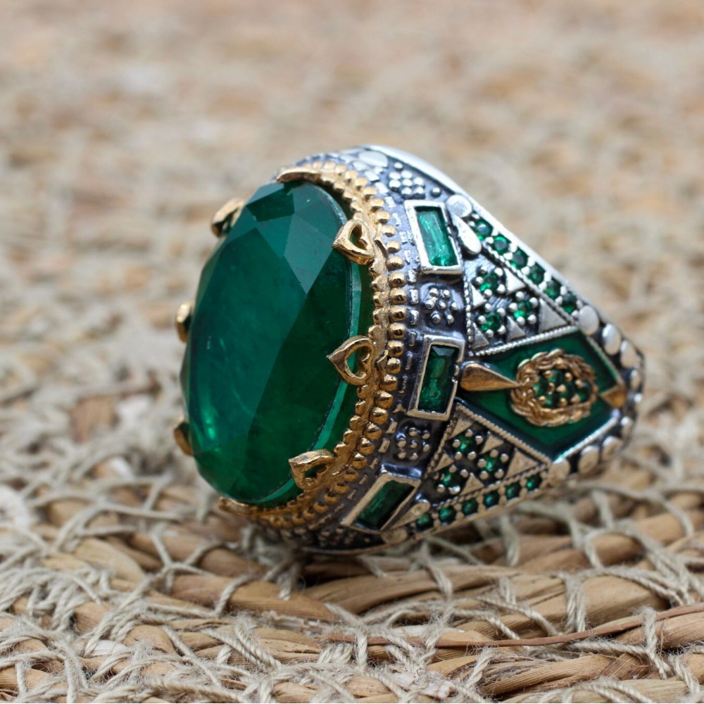 Emerald Men's Ring, Ottoman Men's Ring, Handmade Men's Ring, Turkish Handmade Men's Ring, Men's Jewelry, Gift for Him, 925 Sterling Silver