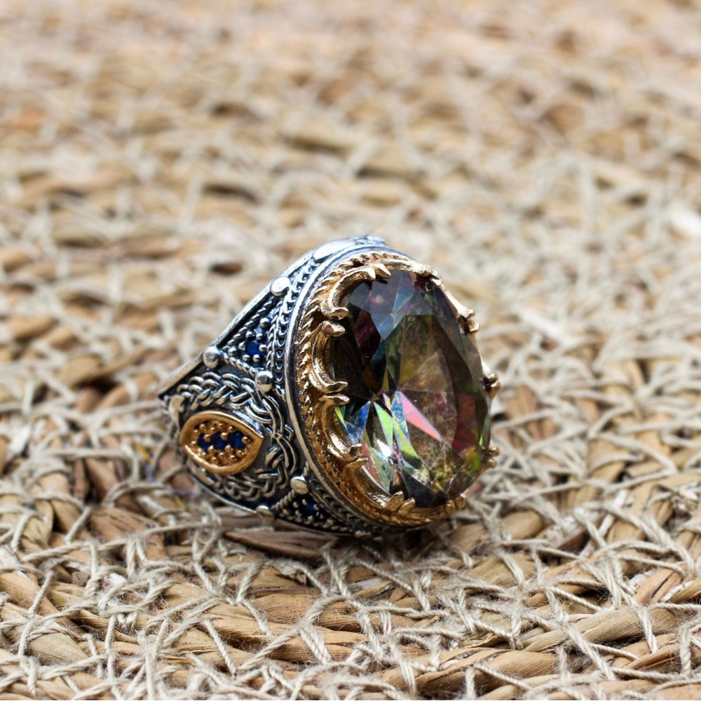 Mystic Topaz Ring, Handmade Ring, Turkish Handmade Silver Men Ring, Mystic Topaz Ring, Men's Jewelry, Gift for Him, 925k Sterling Silver