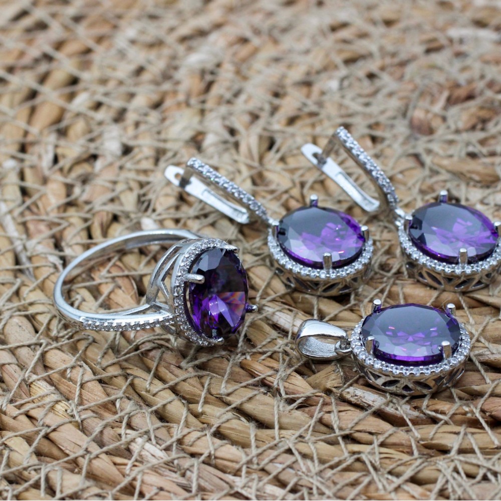 Amethyst Set, Authentic Set, Handmade Set Women, Turkish Handmade, Ladies Jewelry Set, Earring, Pendant, Ladies Set, 925k Sterling Silver