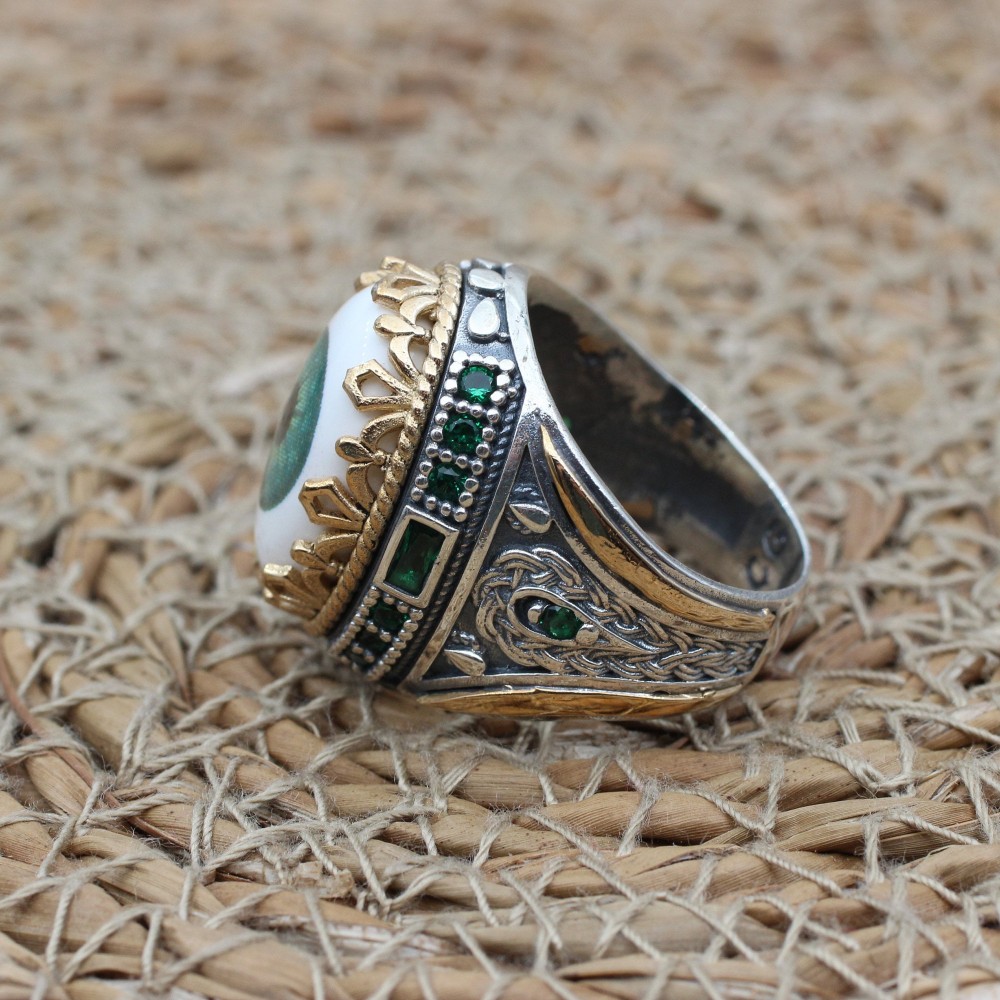 Evil Eye Men's Ring, Emerald Ring, Handmade Ring, Turkish Handmade Silver Men's Ring, Men's Jewelry, Gift for Him, 925k Sterling Silver Ring
