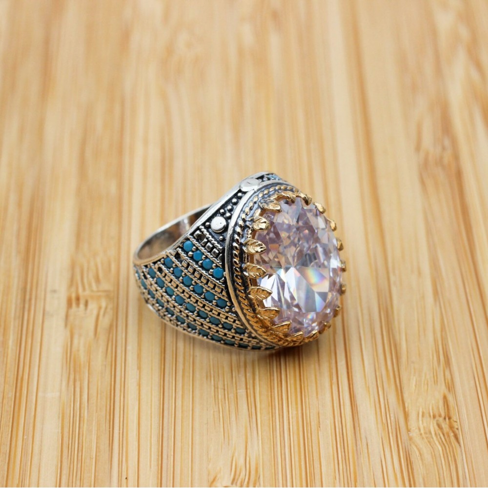 Mens Handmade Ring, Turkish Handmade Silver Men Ring, Ottoman Men Ring, Zircon Ring, Men's Jewelry, Gift for Him, 925k Sterling Silver Ring