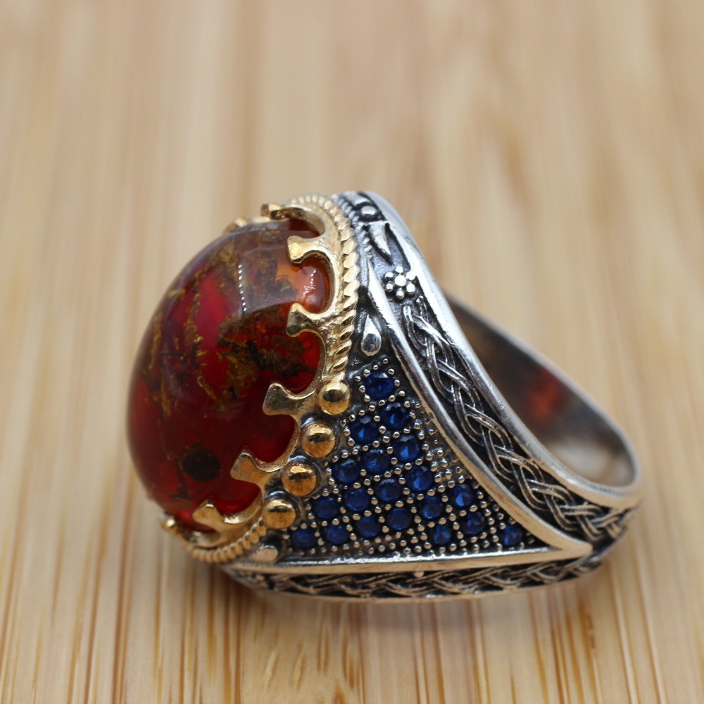 Amber Ring, Men's Handmade Ring, Ottoman Men Ring, Turkish Handmade Silver Men Ring, Men's Jewelry, Gift for Him, 925k Sterling Silver Ring