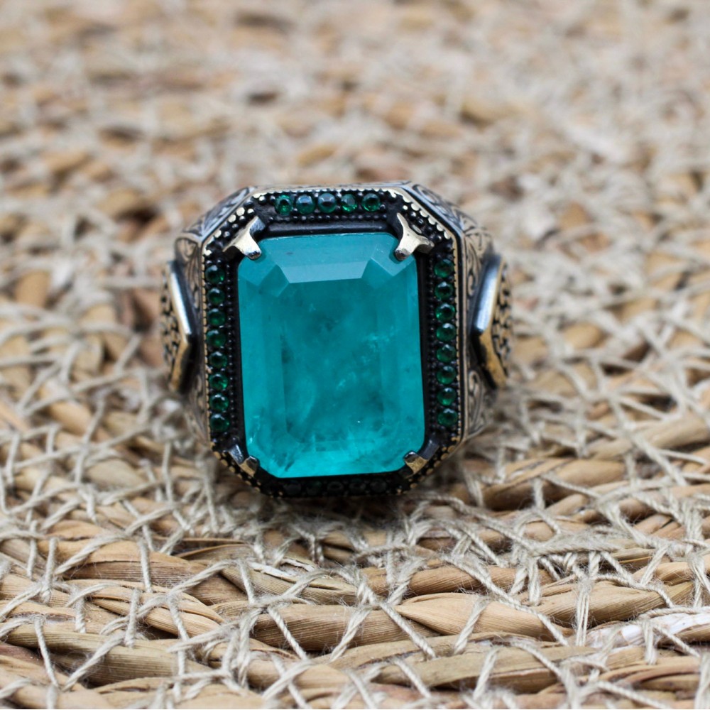 Mens Handmade Ring, Turkish Handmade Silver Men Ring, Ottoman Ring, Tourmaline Paraiba Ring, Men Jewelry, Gift for Him, 925k Sterling Silver