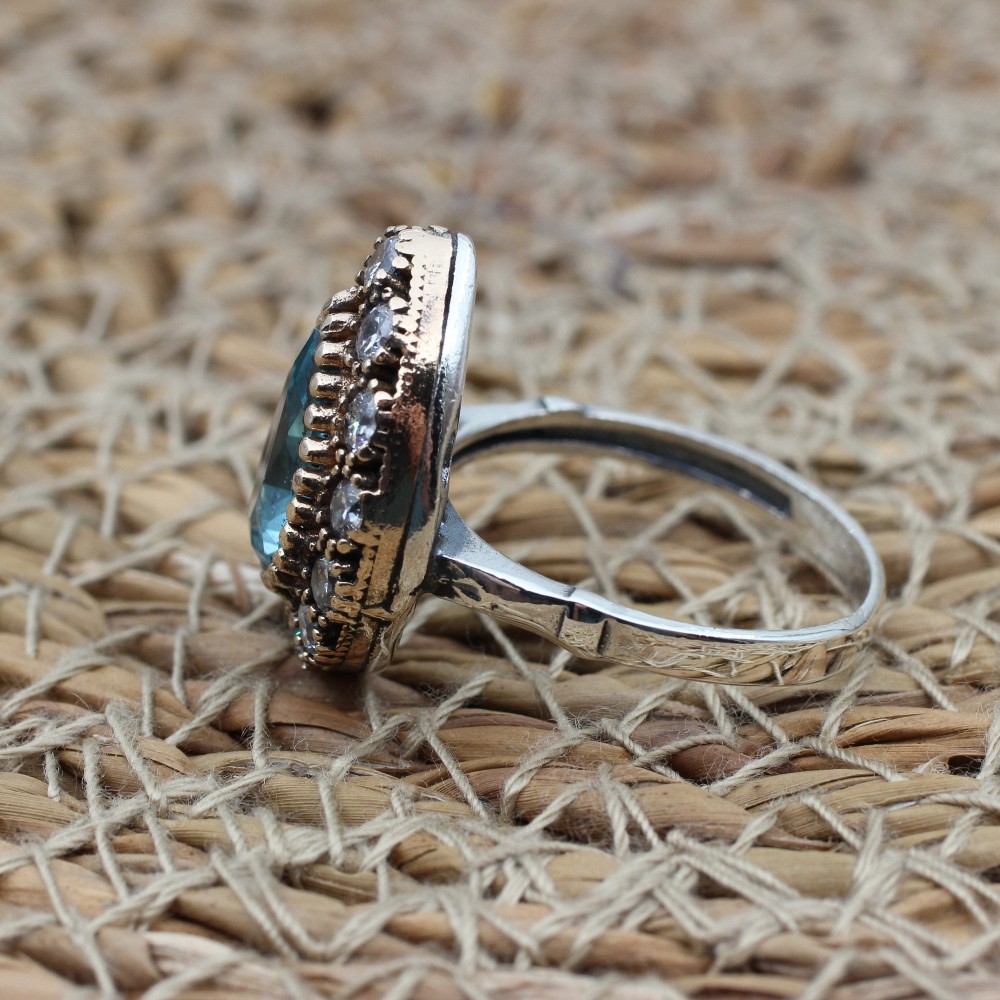 Aquamarine Ring, Handmade Women Ring, Turkish Handmade Silver Ladies Ring, Ottoman Ring, Ladies Ring, 925k Sterling Silver, Zircon Ring