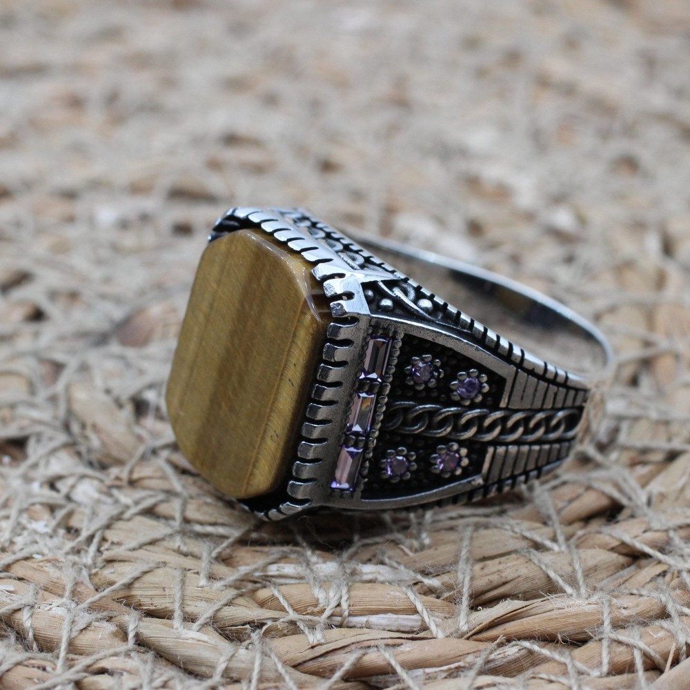 Tiger Eye Men's Ring, Ottoman Men's Ring, Handmade Men's Ring, Turkish Handmade Men's Ring, Men's Jewelry, Gift for Him, 925 Sterling Silver