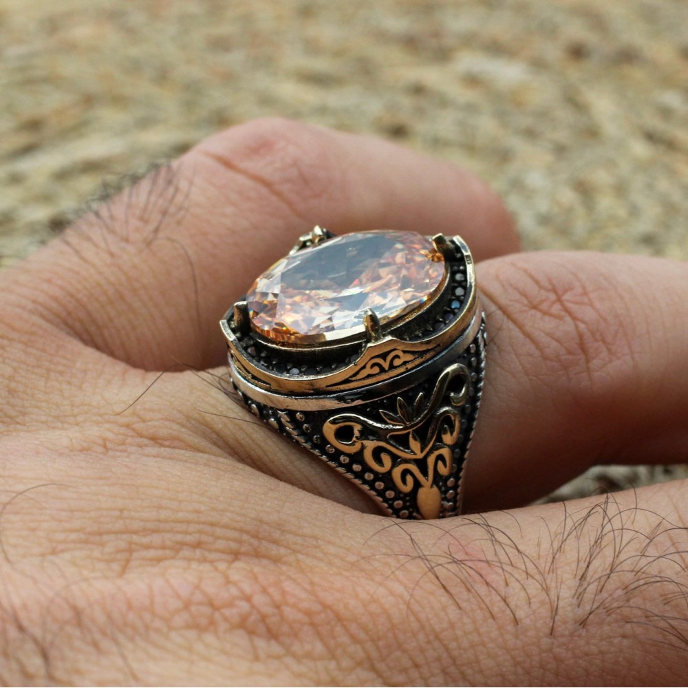 Turkish Handmade Silver Men's Ring, Men's Handmade Ring, Yemeni Ring, Topaz Men's Ring, Ottoman Ring, Gift for Him, 925k Sterling Silver,