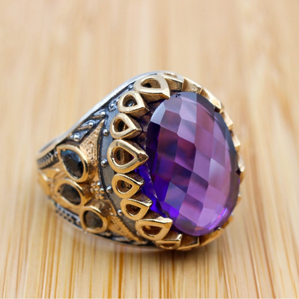 Men's Handmade Ring, Yemeni Ring, Amethyst Ring, Turkish Handmade Silver Men Ring, Ottoman Men Ring, Gift for Him, 925k Sterling Silver Ring