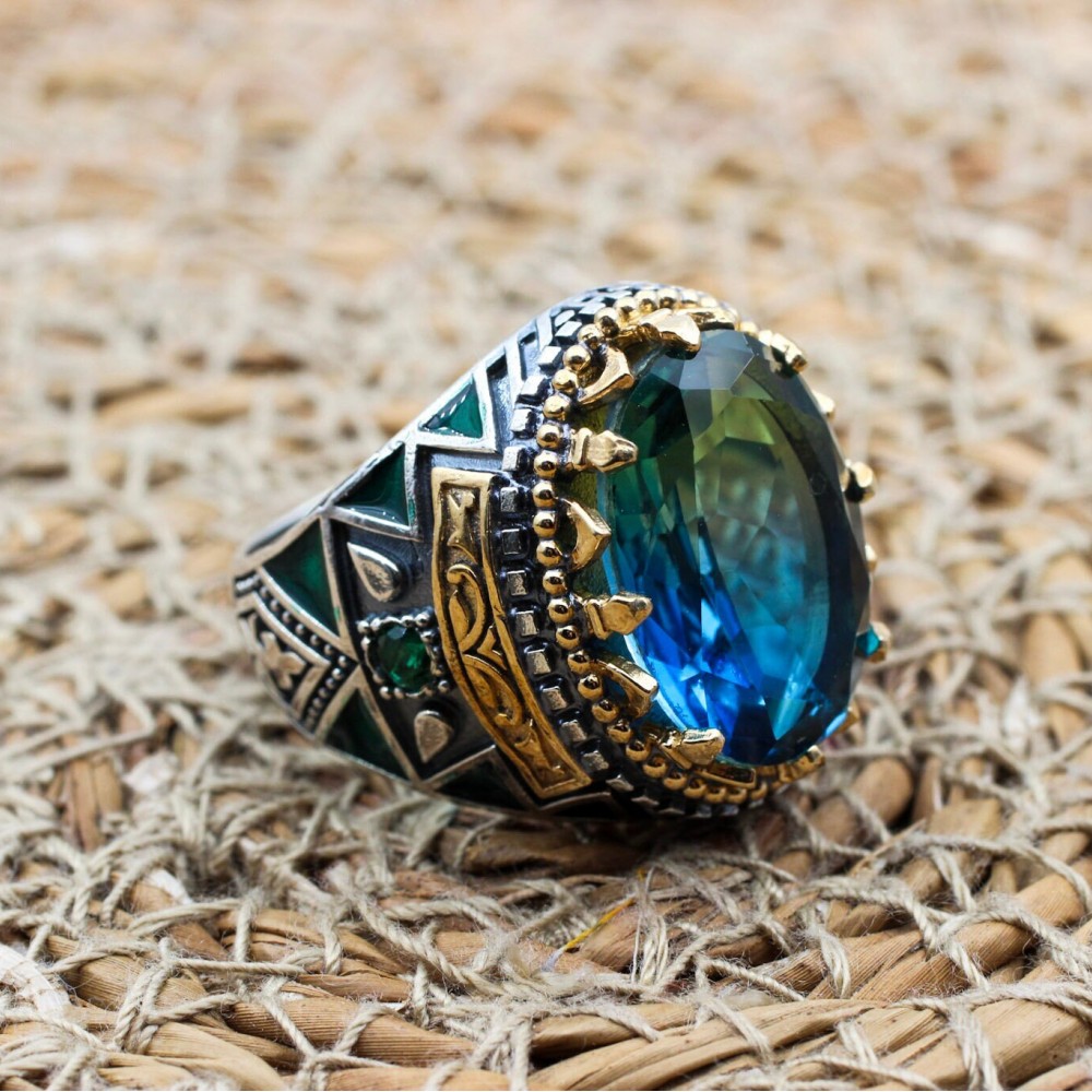 Men's Handmade Ring, Turkish Handmade Ring, Ottoman  Men's Ring, Tourmaline Men's Ring, Men's Jewelry, Gift for Him, 925k Sterling Silver