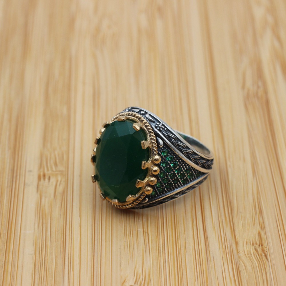Mens Handmade Ring, Turkish Handmade Silver Men Ring, Ottoman Men Ring, Emerald Ring, Men's Jewelry, Gift for Him, 925k Sterling Silver Ring