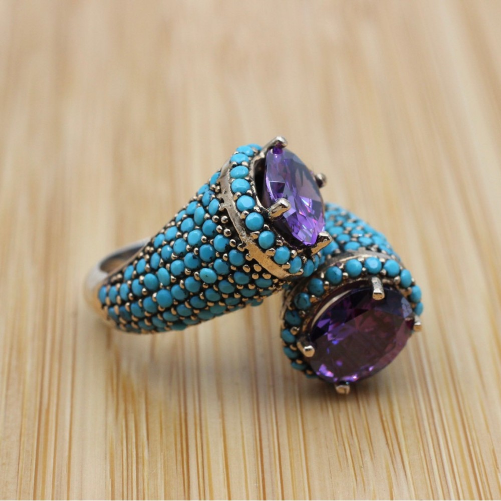 Amethyst Ring, Ladies Ring, Turquoise Ring, Handmade Women's Ring, Turkish Handmade, Authentic Ring, 925 Sterling Silver, Adjustable Ring,