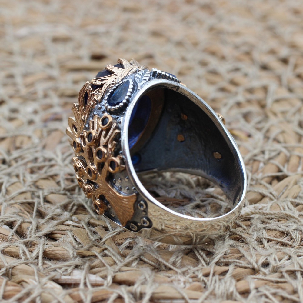 Sapphire Men's Ring, Tree Of Life Ring, Handmade Men's Ring, Turkish Handmade Men's Ring, Men's Jewelry, Gift for Him, 925 Sterling Silver
