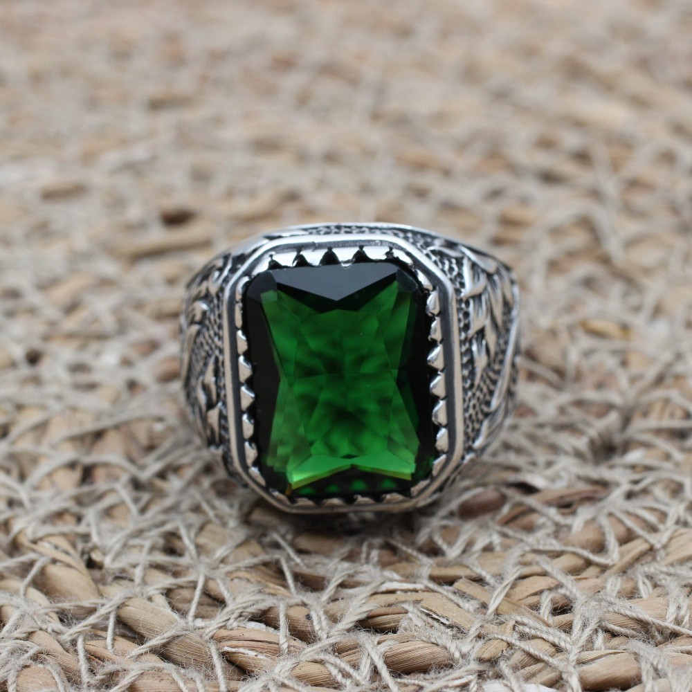 Emerald Men's Ring, Ottoman Men's Ring, Handmade Men's Ring, Turkish Handmade Men's Ring, Men's Jewelry, Gift for Him, 925 Sterling Silver