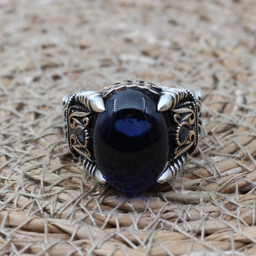 Turkish Ring, Men's Handmade Ring, Ottoman Ring, Cubic Zirconia, Sapphire Men's Ring, Men's Jewelry, Gift for Him, 925k Sterling Silver Ring