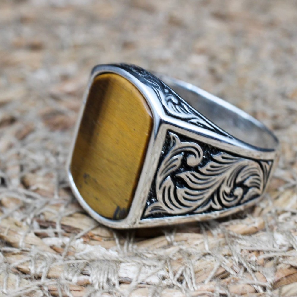 Tiger Eye Men's Ring, Ottoman Men's Ring, Handmade Men's Ring, Turkish Handmade Men's Ring, Men's Jewelry, Gift for Him, 925 Sterling Silver