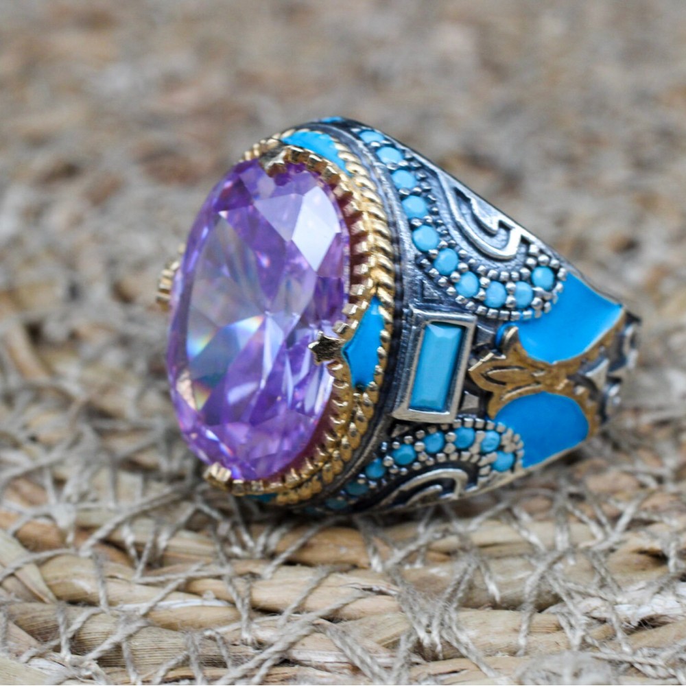 Amethyst Men's Ring, Mens Handmade Ring, Turkish Handmade Silver Men Ring, Ottoman Men Ring, Men Jewelry, Gift for Him, 925k Sterling Silver