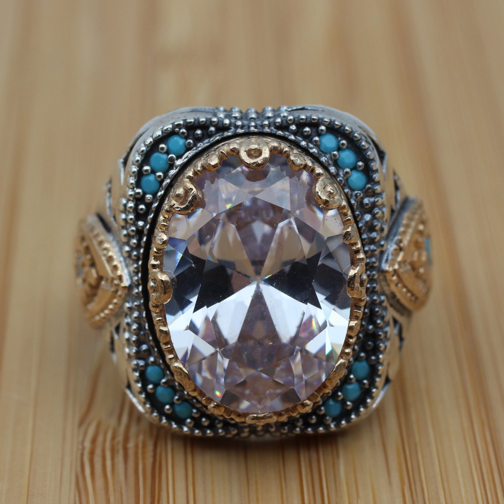 Mens Handmade Ring, Turkish Handmade Silver Men Ring, Ottoman Men Ring, Zircon Ring, Men's Jewelry, Gift for Him, 925k Sterling Silver Ring