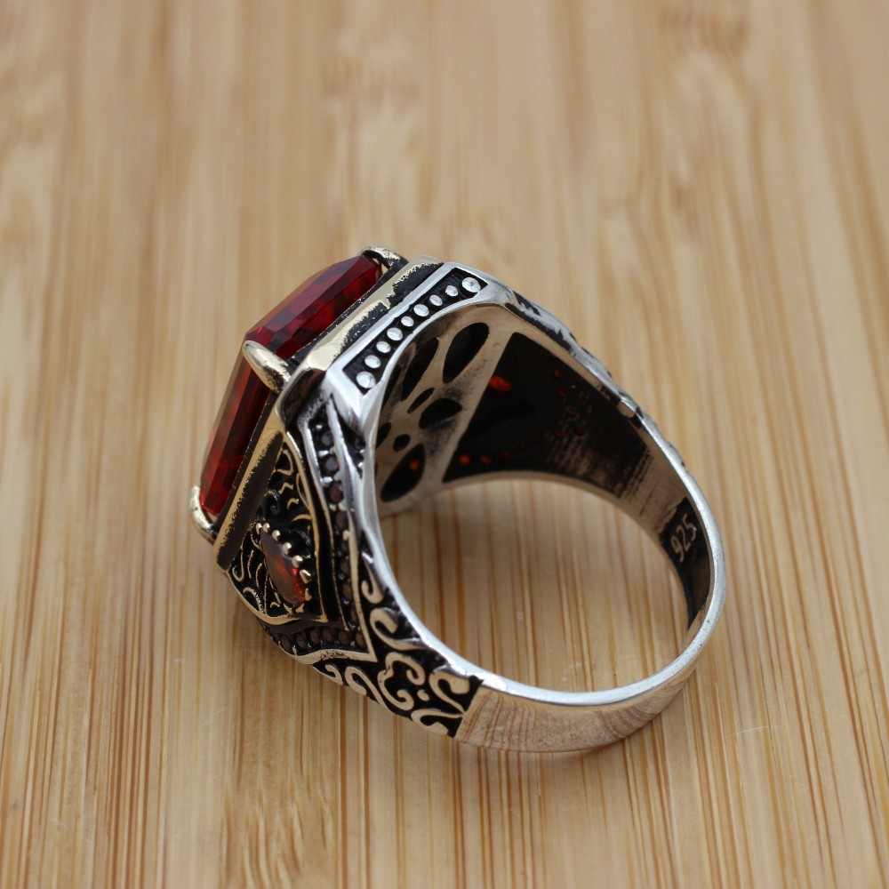 Ruby Men's Ring, Men's Handmade Ring, Turkish Handmade Silver Mens Ring, Ottoman Mens Ring, Mens Jewelry, Gift for Him, 925k Sterling Silver