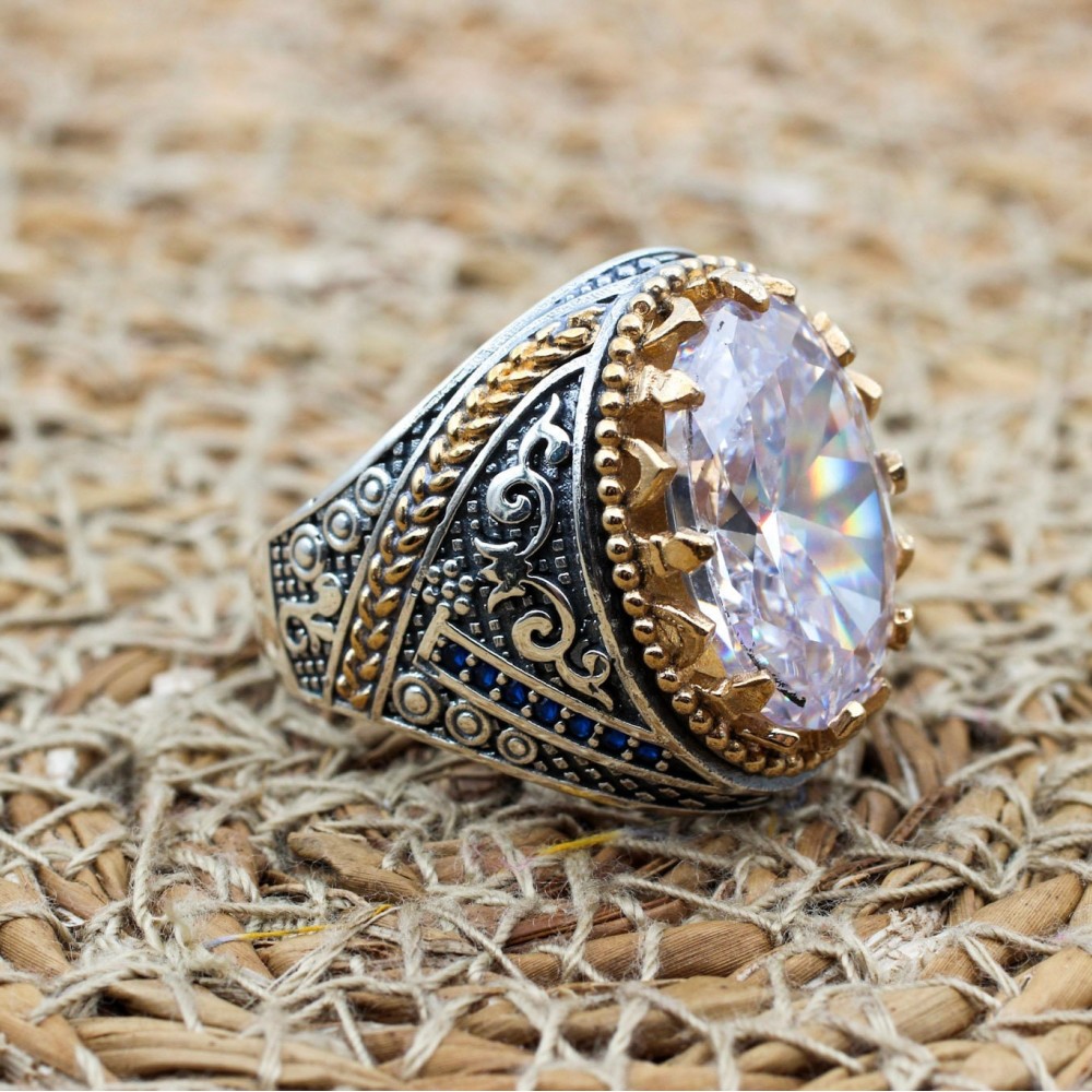 Mens Handmade Ring, Turkish Handmade Silver Men Ring, Ottoman Men Ring, Zircon Ring, Men's Jewelry, Gift for Him, 925k Sterling Silver Ring