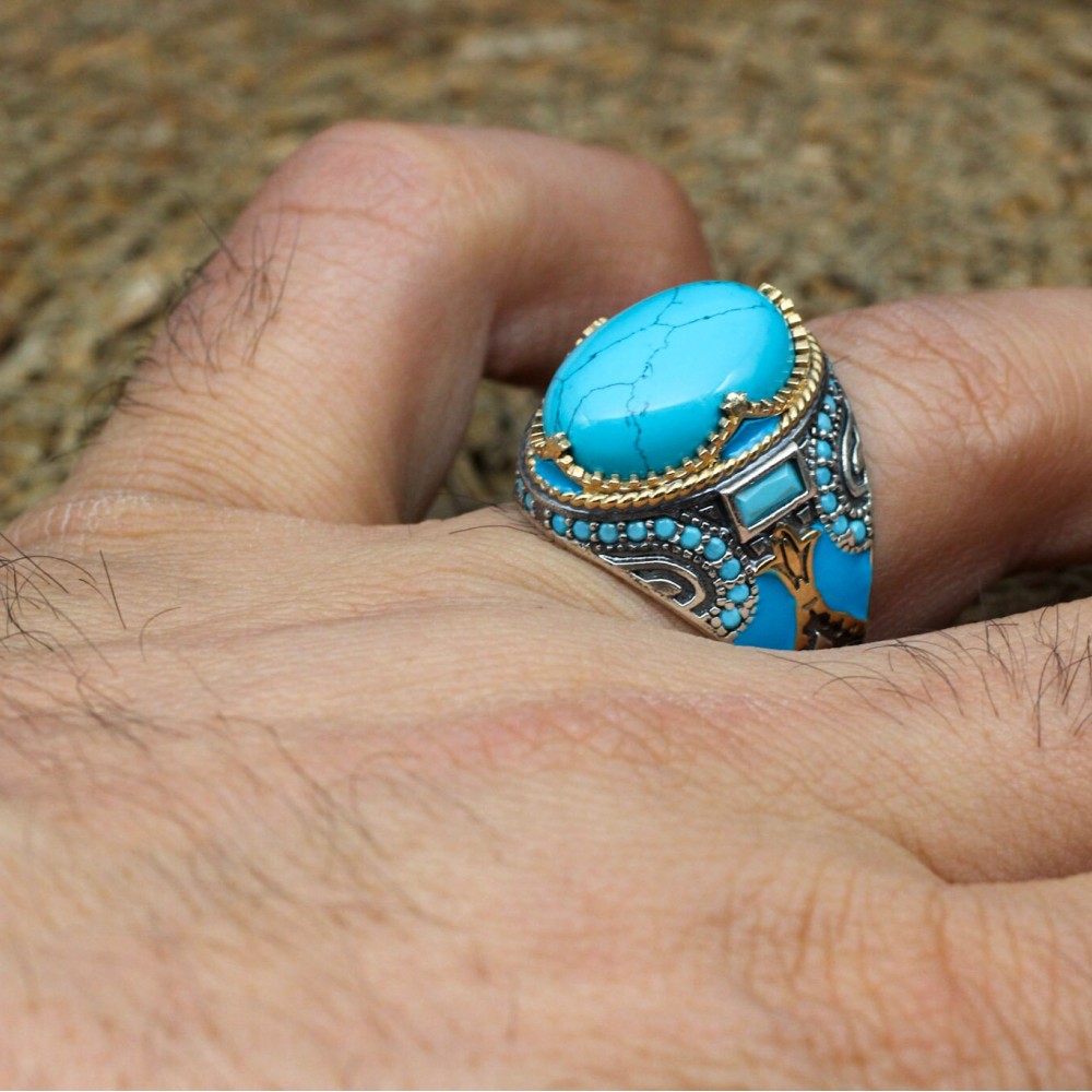 Men's Handmade Ring, Yemeni Ring, Turquoise Ring, Turkish Handmade Silver Men's Ring, Ottoman Men's Ring, Gift for Him, 925k Sterling Silver