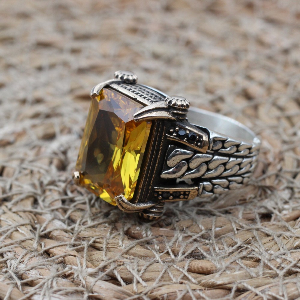 Men's Handmade Ring, Men Chain Model Ring, Citrine Men's Ring, Ottoman Men's Ring, Men's Jewelry, Gift for Him, 925k Sterling Silver Ring