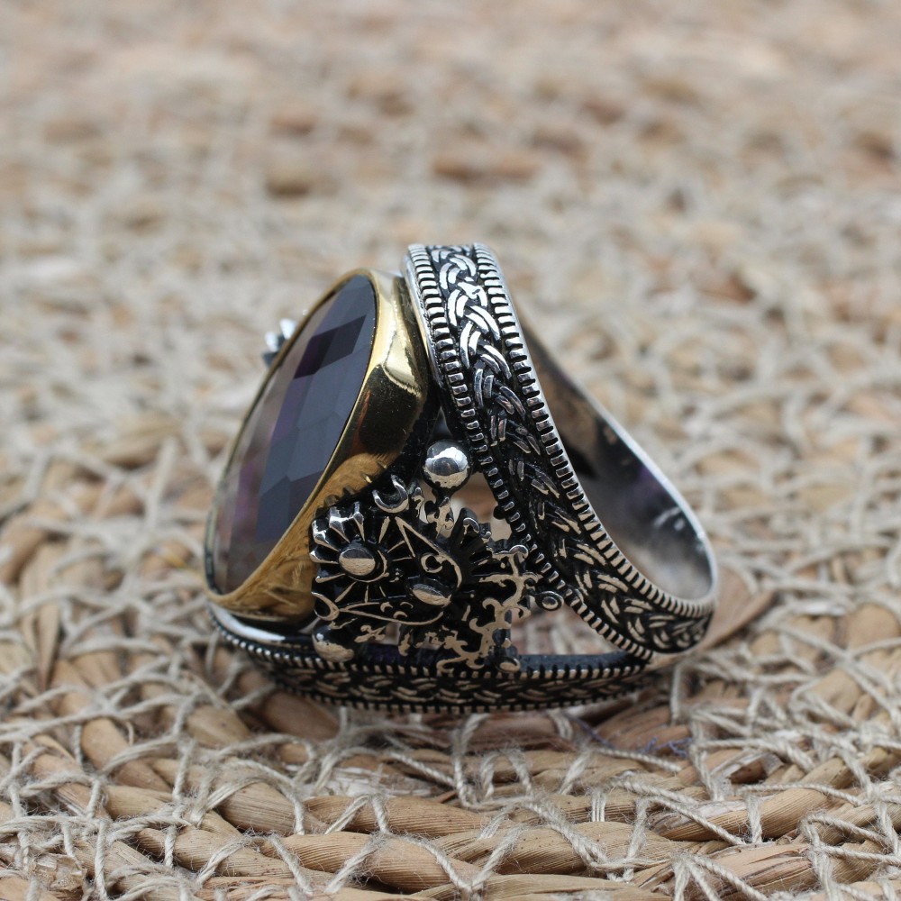 Amethyst Men's Ring, Ottoman Men's Ring, Handmade Men's Ring, Turkish Handmade Men's Ring, Men's Jewelry, Gift for Him, 925 Sterling Silver