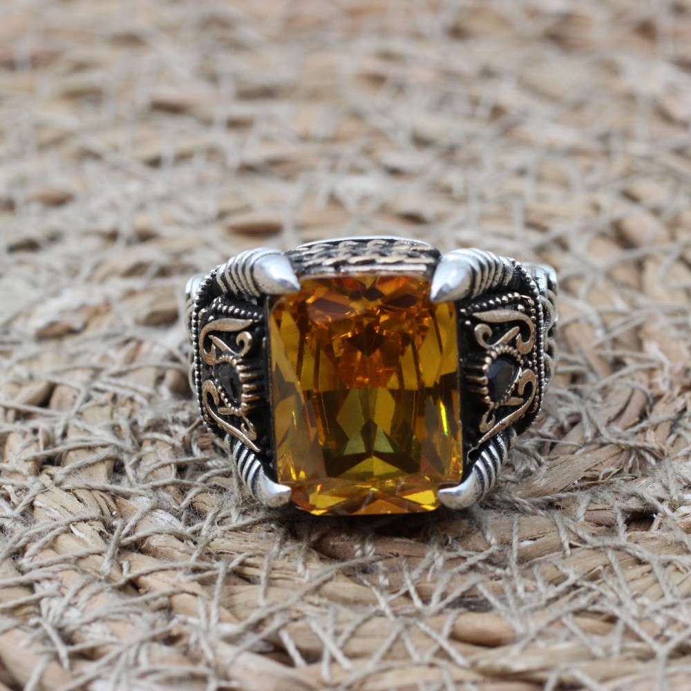 Men's Handmade Ring, Men Chain Model Ring, Citrine Men's Ring, Ottoman Men's Ring, Men's Jewelry, Gift for Him, 925k Sterling Silver Ring