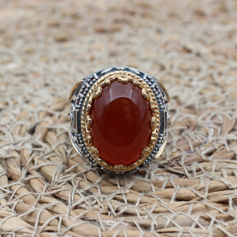Men's Agate Ring, Handmade Ring, Turkish Handmade Silver Men Ring, Ottoman Men Ring, Men's Jewelry, Gift for Him, 925k Sterling Silver Ring