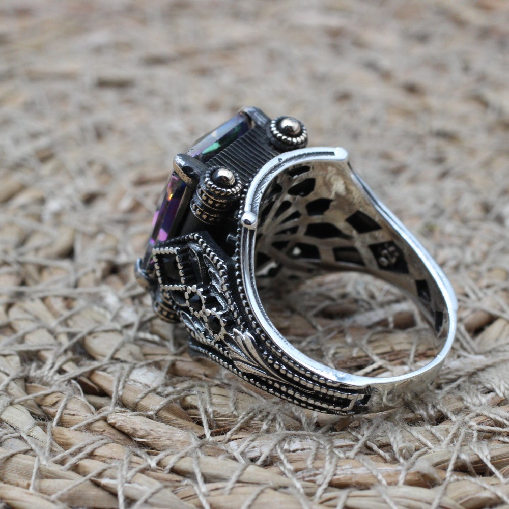 Mystic Topaz Ring, Handmade Ring, Turkish Handmade Silver Men Ring, Mystic Topaz Ring, Men's Jewelry, Gift for Him, 925k Sterling Silver