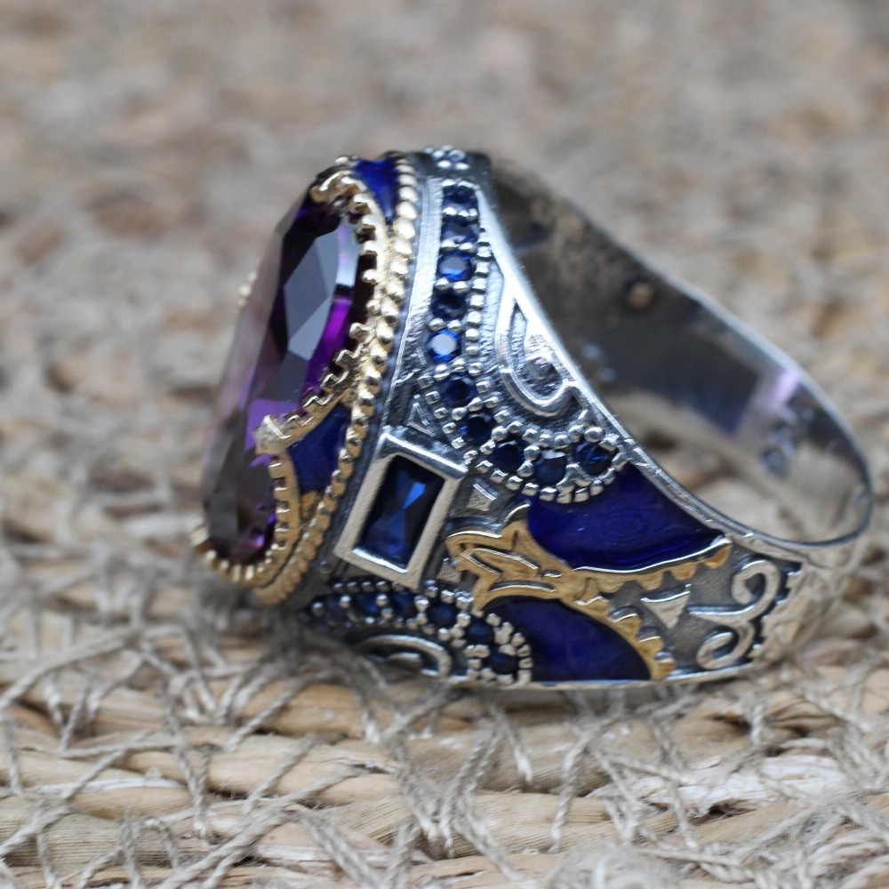 Amethyst Men's Ring, Mens Handmade Ring, Turkish Handmade Silver Men Ring, Ottoman Men Ring, Men Jewelry, Gift for Him, 925k Sterling Silver