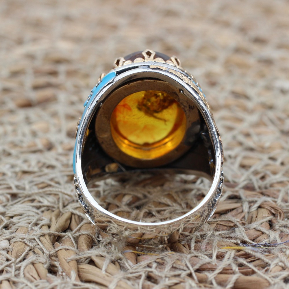 Amber Ring, Men's Handmade Ring, Ottoman Men Ring, Turkish Handmade Silver Men Ring, Yemeni Ring, Gift for Him, 925k Sterling Silver Ring