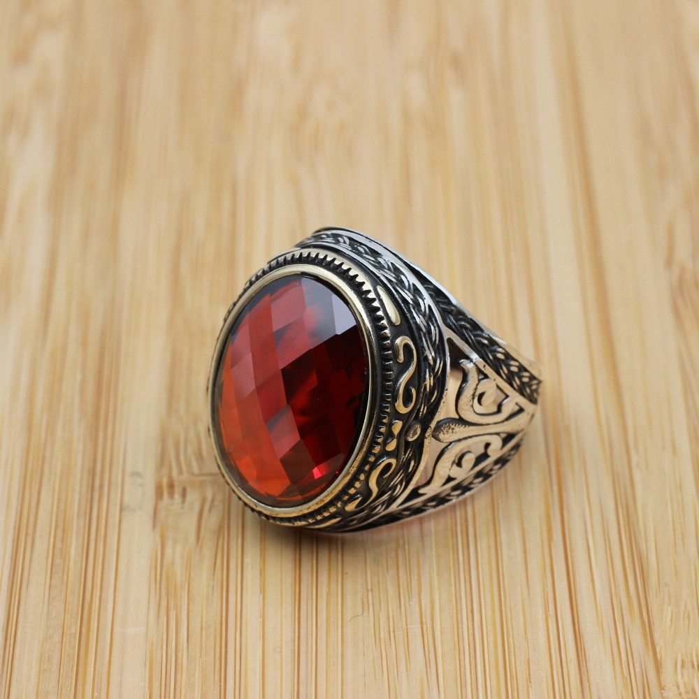 Mens Handmade Ring, Turkish Handmade Silver Men Ring, Ottoman Men Ring, Ruby Ring, Men's Jewelry, Gift for Him, 925k Sterling Silver Ring