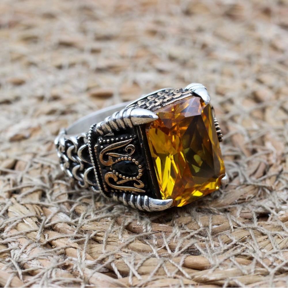 Men's Handmade Ring, Men Chain Model Ring, Citrine Men's Ring, Ottoman Men's Ring, Men's Jewelry, Gift for Him, 925k Sterling Silver Ring