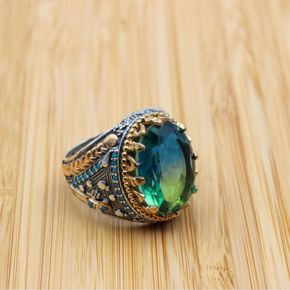 Men's Handmade Ring, Turkish Handmade Ring, Ottoman  Men's Ring, Tourmaline Men's Ring, Men's Jewelry, Gift for Him, 925k Sterling Silver