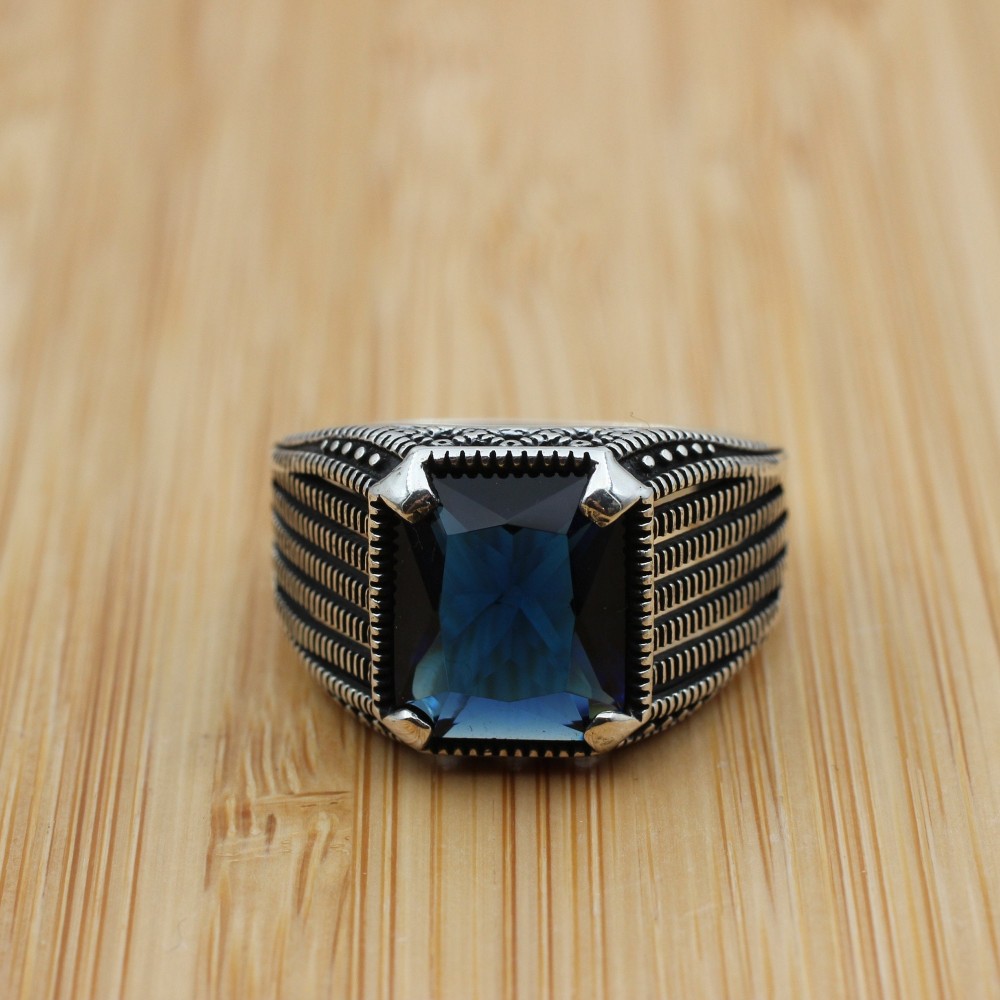 Turkish Ring, Men's Handmade Ring, Ottoman Ring, Cubic Zirconia, Sapphire Men's Ring, Men's Jewelry, Gift for Him, 925k Sterling Silver Ring